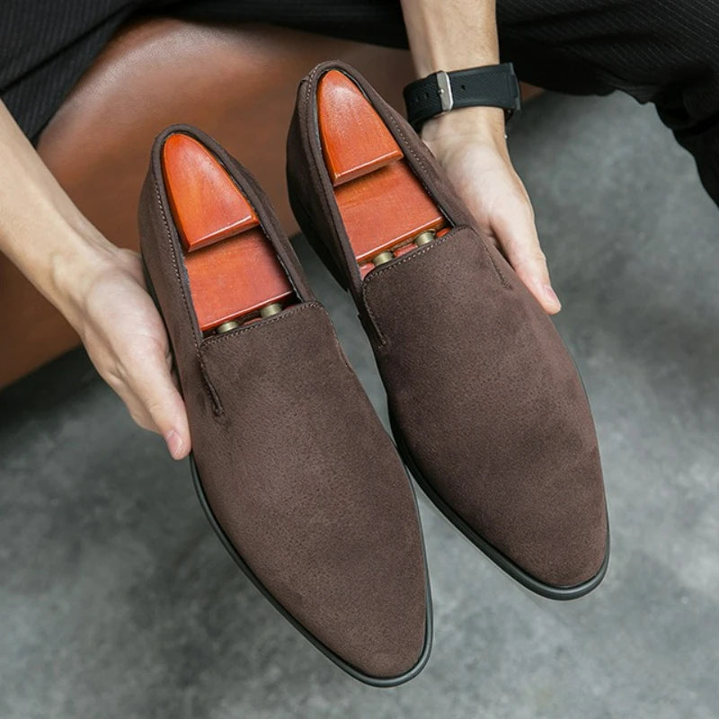 Men's Shoes Suede Leather Shoes Fashion Business Office Dress Shoes Brown Slip on Casual Shoe Red Sole Pointed Toe Male Loafers - Acros