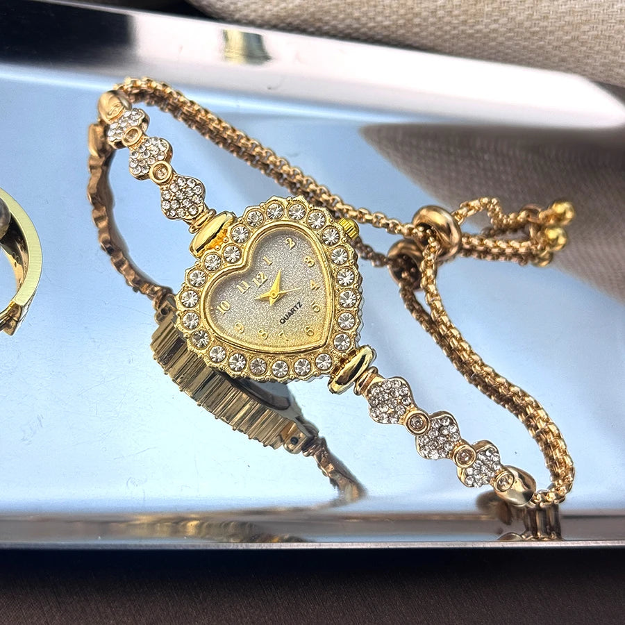 New Fashion Heart-shaped Ribbon-Strap Diamond-Studded Flower Watch for Women with Adjustable Bracelet - Acros