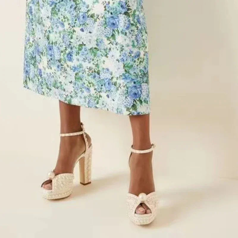 Shoes for Women Beaded Thick Heel Fish Mouth Sandals 35-41 High Heel Waterproof Platform Women's Shoes Wedding - Acros