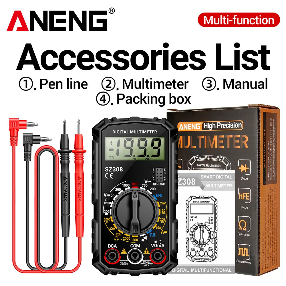 ANENG SZ308 Digital Multimeter AC/DC Current Meter Voltage Resistance Meter Electrician LCD Backlight Ohm Square Wave Test - Acros