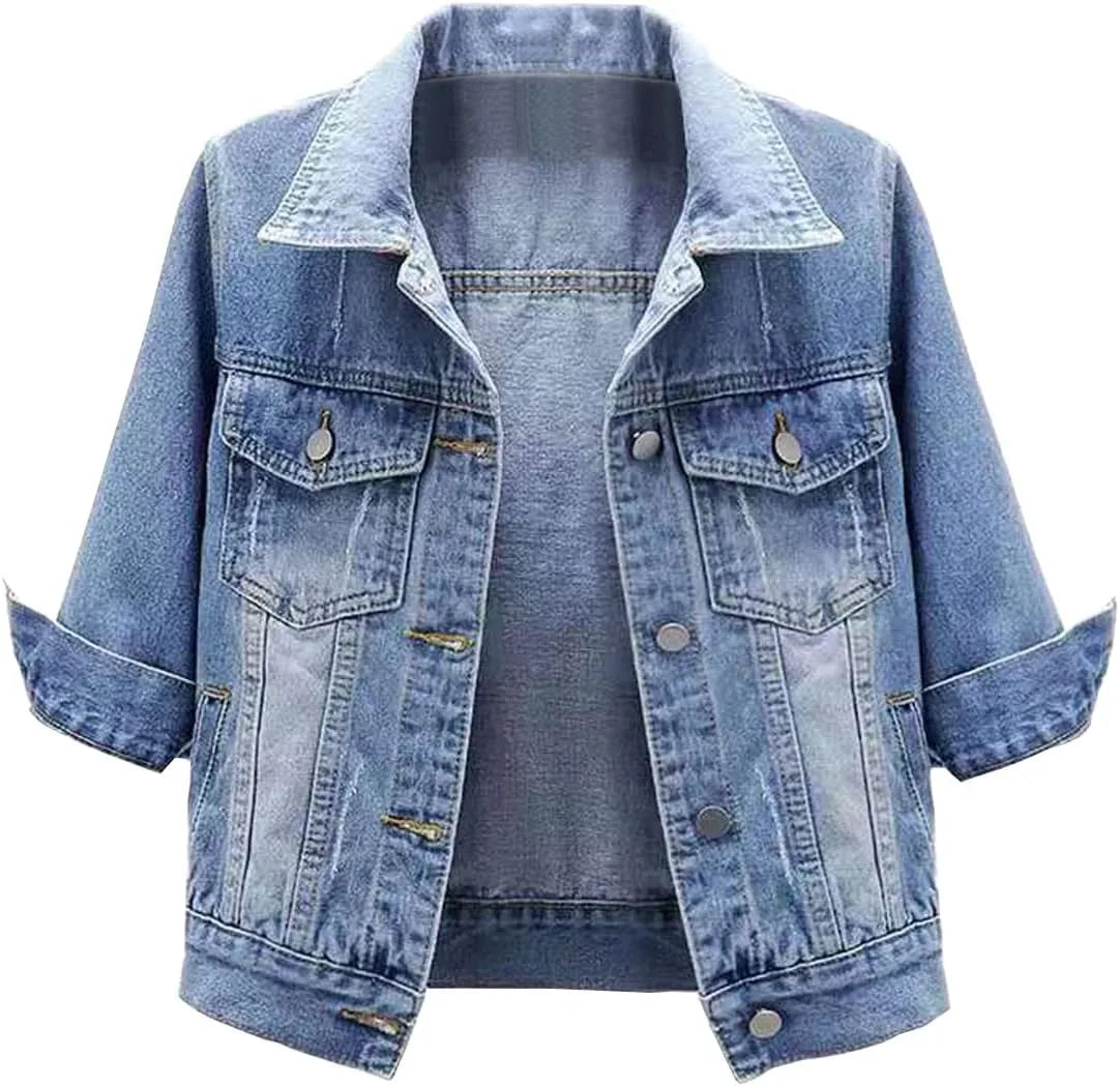 Womens Jean Jacket Cropped Denim Jackets Purple Yellow White Blue Stretchy 3/4 Puff Sleeve Distressed Shacket With Pockets
