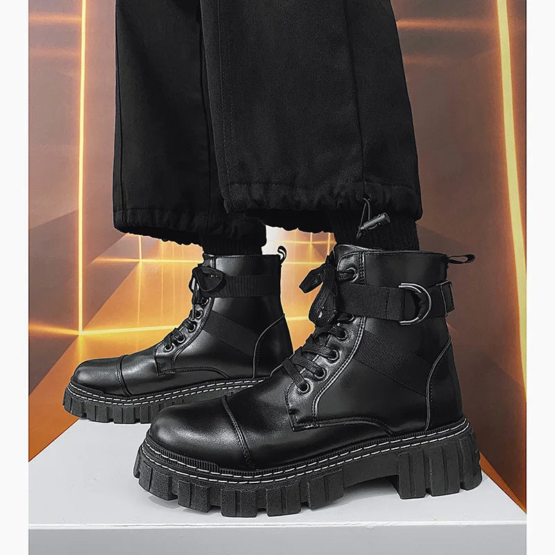 Men's black leather high-top British fashion locomotive work boots by Ansoff, with durable design and stylish appearance.