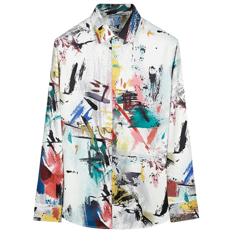 Ansoff men's silk graffiti print long sleeve casual shirt with slim fit, suitable for streetwear, nightlife, and stage performances.