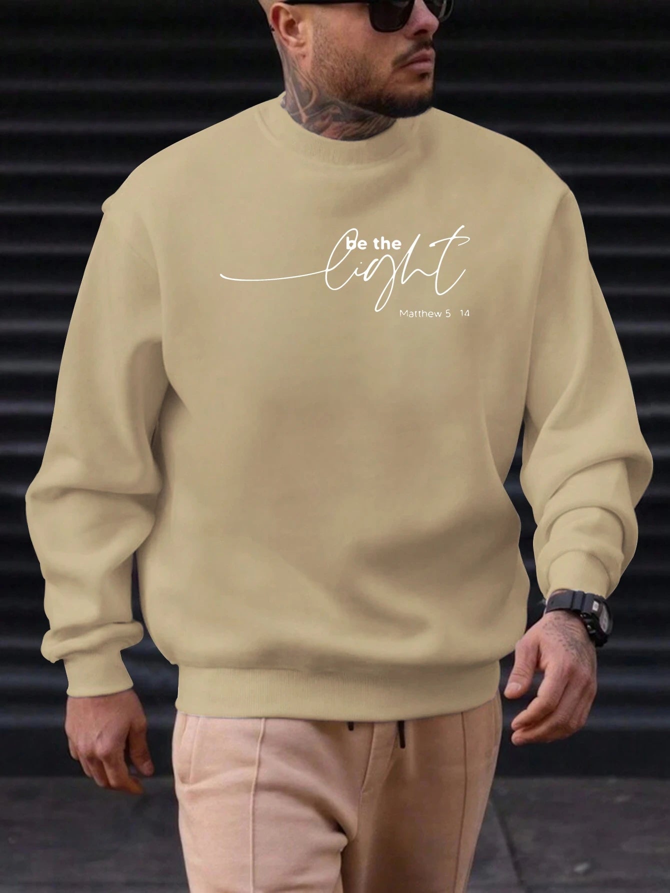 Men's Sweatshirt 2025 New Arrival Minimalist Cozy Relaxed Fit Elegant Calligraphy “Be the Light” Matthew 5:14 Quote Top - Acros