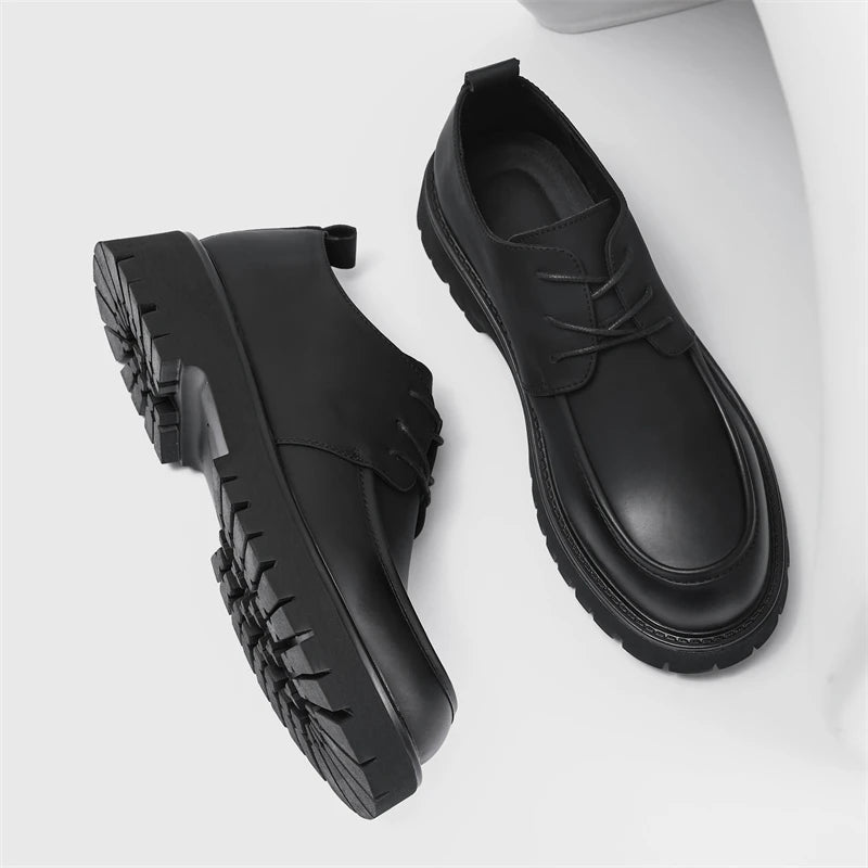 Men's black patent leather casual dress shoes with thick platform soles, safety features, and a large toe design by Ansoff.