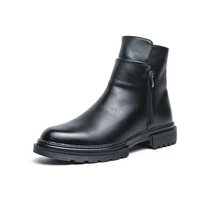 Round Toe Shoes Men's High Top Footwear Classic Retro Leather Chelsea Boots Side Zipper Fashion Ankle Boots Male Business Shoes - Acros