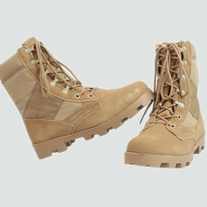 Ansoff men's high-top military combat boots in desert tan with rugged soles, suitable for outdoor hiking, tactical training, and motorcycle riding.