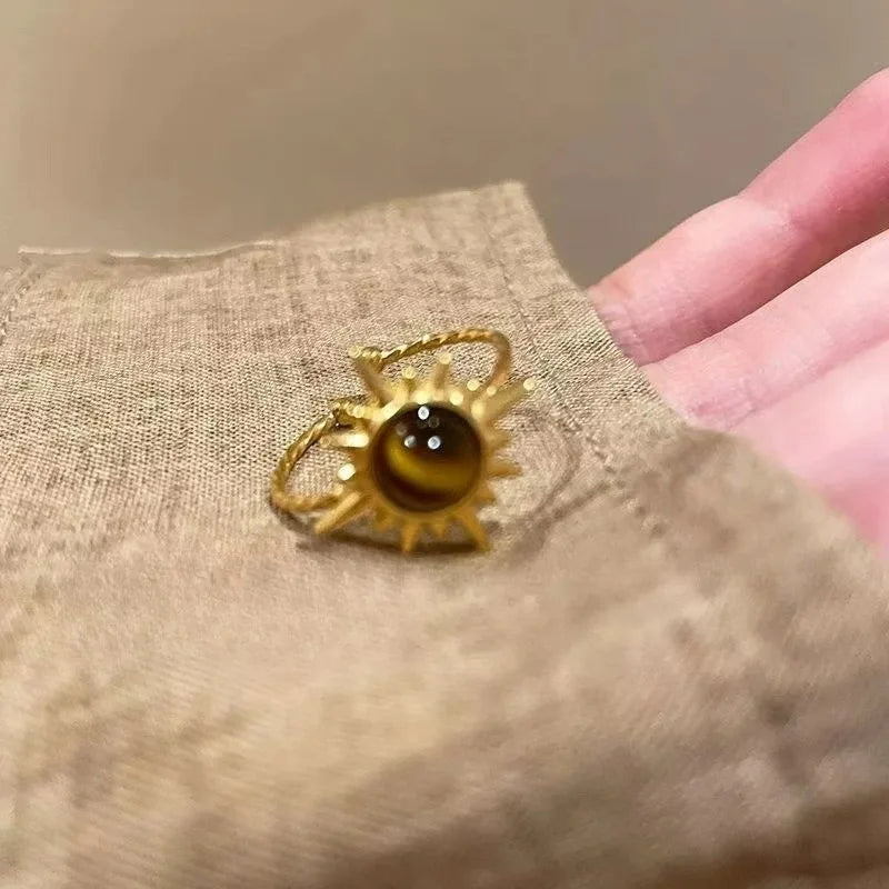 Retro Brown Stone Rings for Women - Irregular Gold Color Adjustable Ring Fashion Jewelry Gifts - Acros