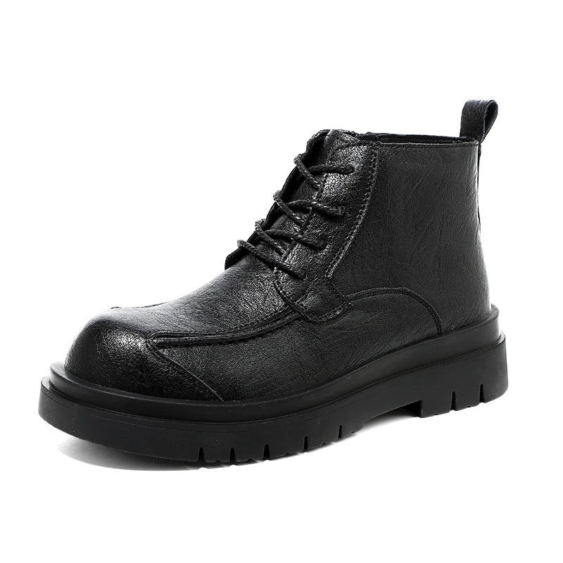 Ansoff genuine leather men's work boots with thick platform soles, side zipper, casual and outdoor footwear, height-increasing design