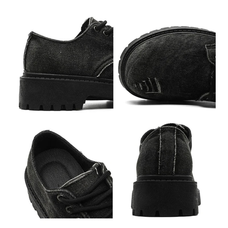 Men's distressed denim derby shoes with chunky platform soles, Avant-Garde style, featuring bulky toes and grunge streetwear design.