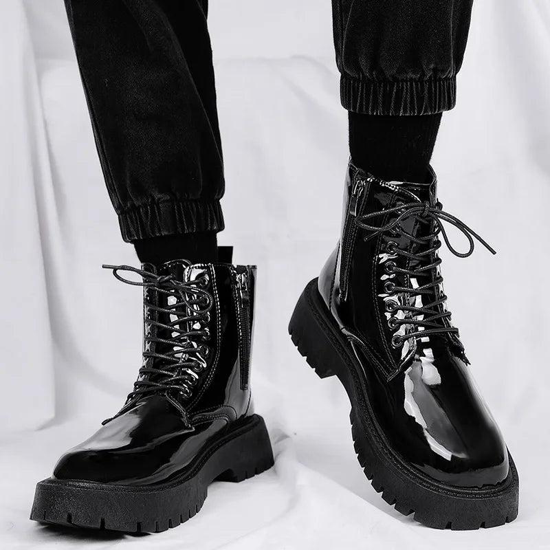 Men's black leather winter boots by Ansoff, high-top platform motorcycle style with lace-up design and casual British-inspired look