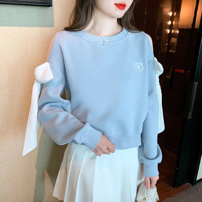 Off The Shoulder Sweatshirt For Women Harajuku Fashion Youthful Clothes Sport Essential New In Basic Blue Woman Pullover Tops - Acros