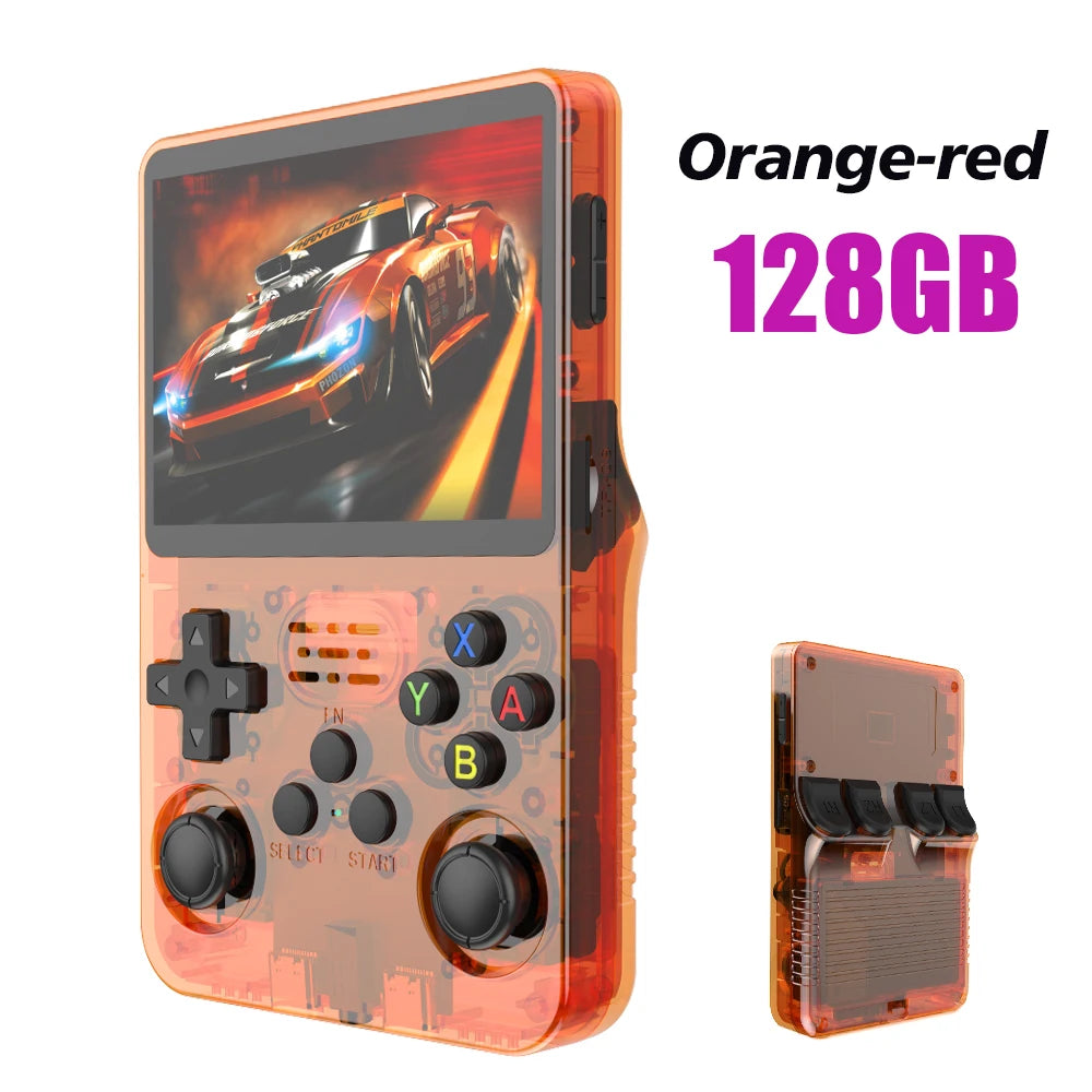 Ansoff R36S Retro handheld game console with 3.5-inch IPS screen, featuring 128GB storage and classic video game controls.