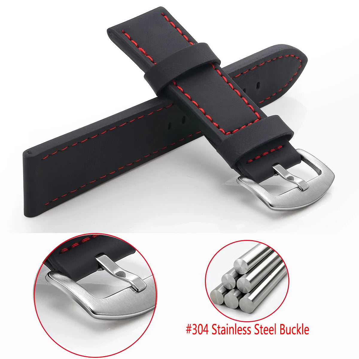 Ansoff SAMCO sport vintage leather watch band with stainless steel buckle, available in 18mm to 24mm sizes, on a watch strap.