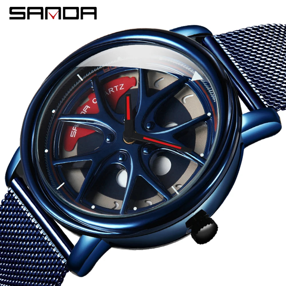 Men Watch Car Wheel Rim Hub Dial Male Wristwatch Skeleton Man Black Waterproof Watches Stainless Steel Quartz Relogio Masculino - Acros
