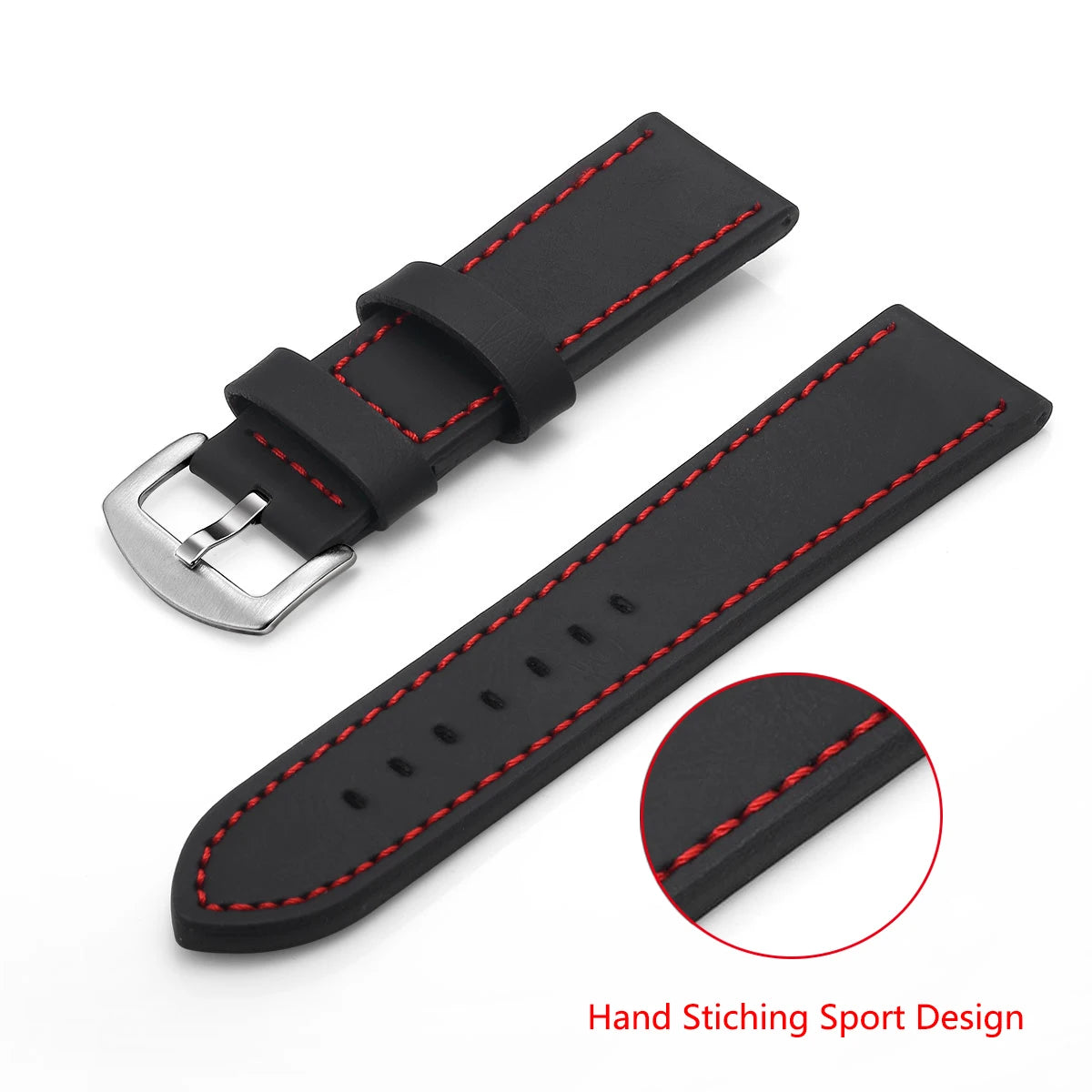 Ansoff SAMCO sport vintage leather watch band with stainless steel buckle, available in 18mm, 20mm, 22mm, and 24mm sizes.