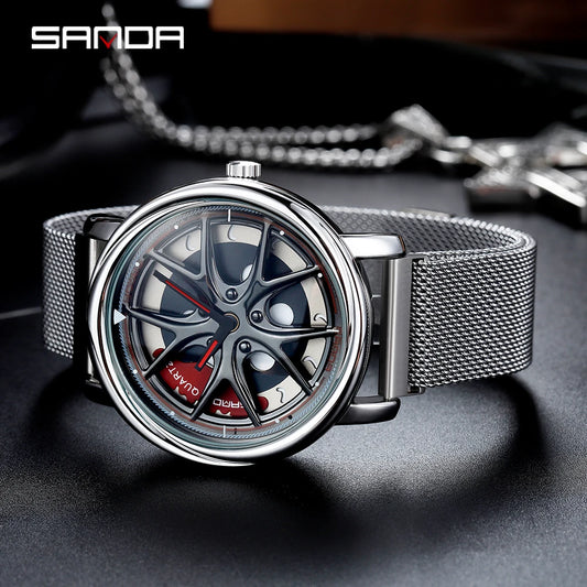 Men Watch Car Wheel Rim Hub Dial Male Wristwatch Skeleton Man Black Waterproof Watches Stainless Steel Quartz Relogio Masculino - Acros