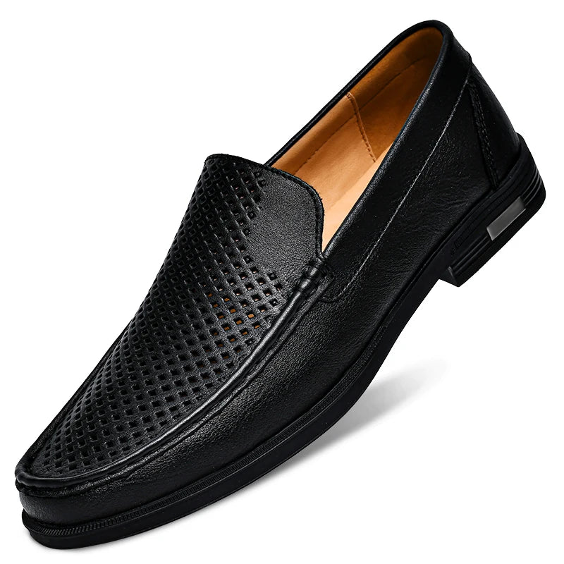 Genuine Leather Men's Retro Shoes Office Formal Slip-on Moccasins for Wedding Parties Breathable Mesh Lazy Loafers Driver Shoes - Acros