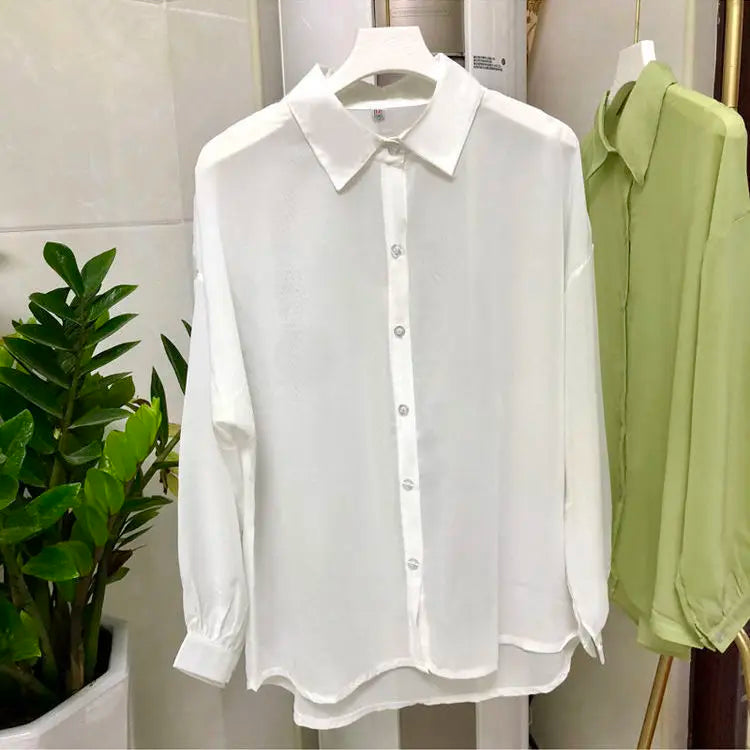 Women’s sheer sun-proof summer shirt by Ansoff, elegant long-sleeve outerwear with turn-down collar, simple solid color, feminine and cozy.