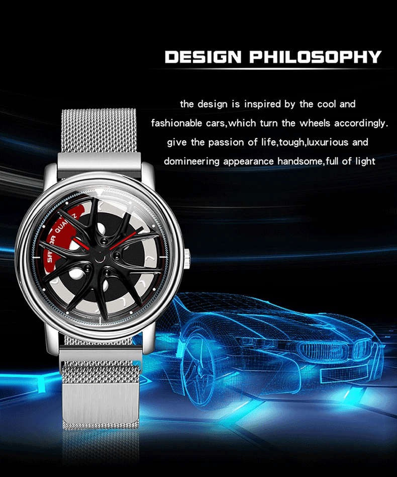 Men Watch Car Wheel Rim Hub Dial Male Wristwatch Skeleton Man Black Waterproof Watches Stainless Steel Quartz Relogio Masculino - Acros