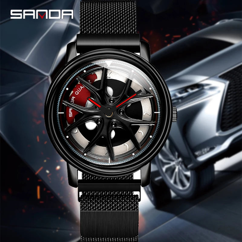 Men Watch Car Wheel Rim Hub Dial Male Wristwatch Skeleton Man Black Waterproof Watches Stainless Steel Quartz Relogio Masculino - Acros