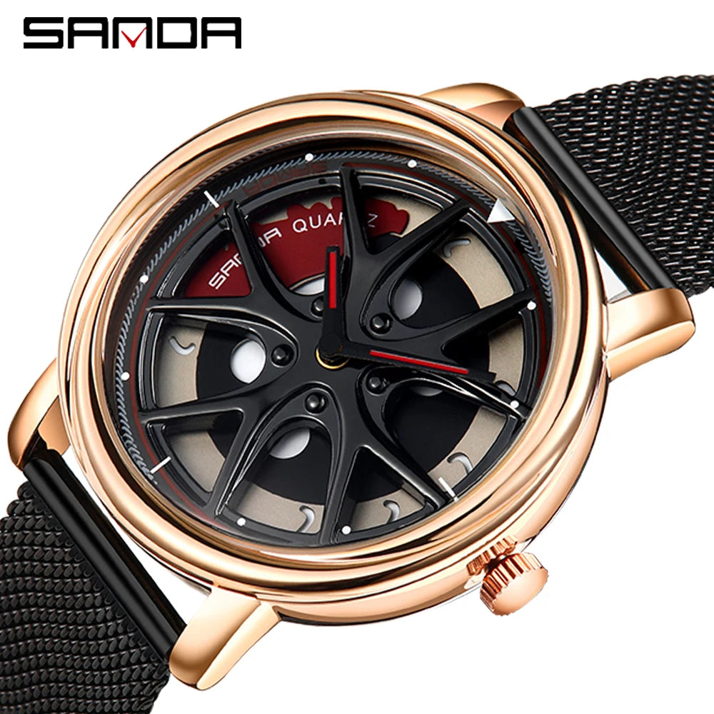 Men Watch Car Wheel Rim Hub Dial Male Wristwatch Skeleton Man Black Waterproof Watches Stainless Steel Quartz Relogio Masculino - Acros