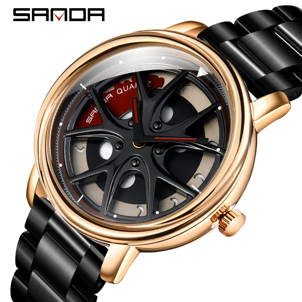 Men Watch Car Wheel Rim Hub Dial Male Wristwatch Skeleton Man Black Waterproof Watches Stainless Steel Quartz Relogio Masculino - Acros