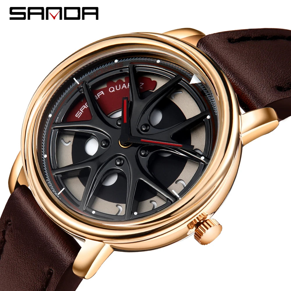 Men Watch Car Wheel Rim Hub Dial Male Wristwatch Skeleton Man Black Waterproof Watches Stainless Steel Quartz Relogio Masculino - Acros