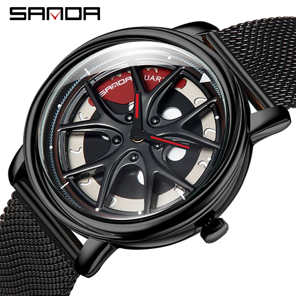 Men Watch Car Wheel Rim Hub Dial Male Wristwatch Skeleton Man Black Waterproof Watches Stainless Steel Quartz Relogio Masculino - Acros