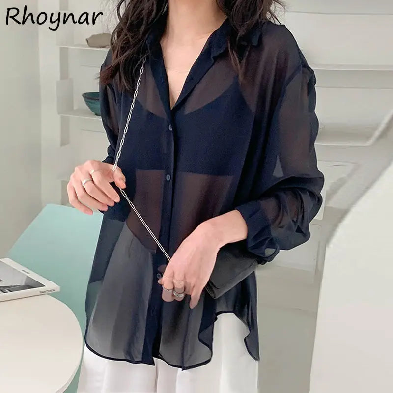 Women’s sheer sun-proof summer shirt by Ansoff, elegant long sleeve outerwear with turn-down collar and solid color, perfect for all occasions.