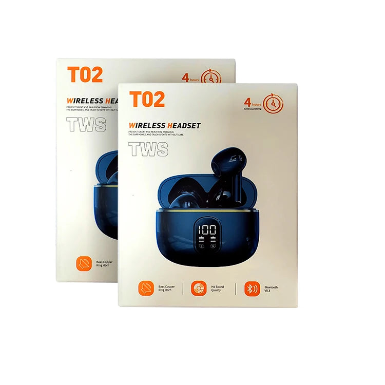 US Warehouse T02 Bt V5.3 EDR Wireless Earbuds Earphones Led Display Waterproof in Ear Noise Reduction Phone Eletronic Headphones - Acros