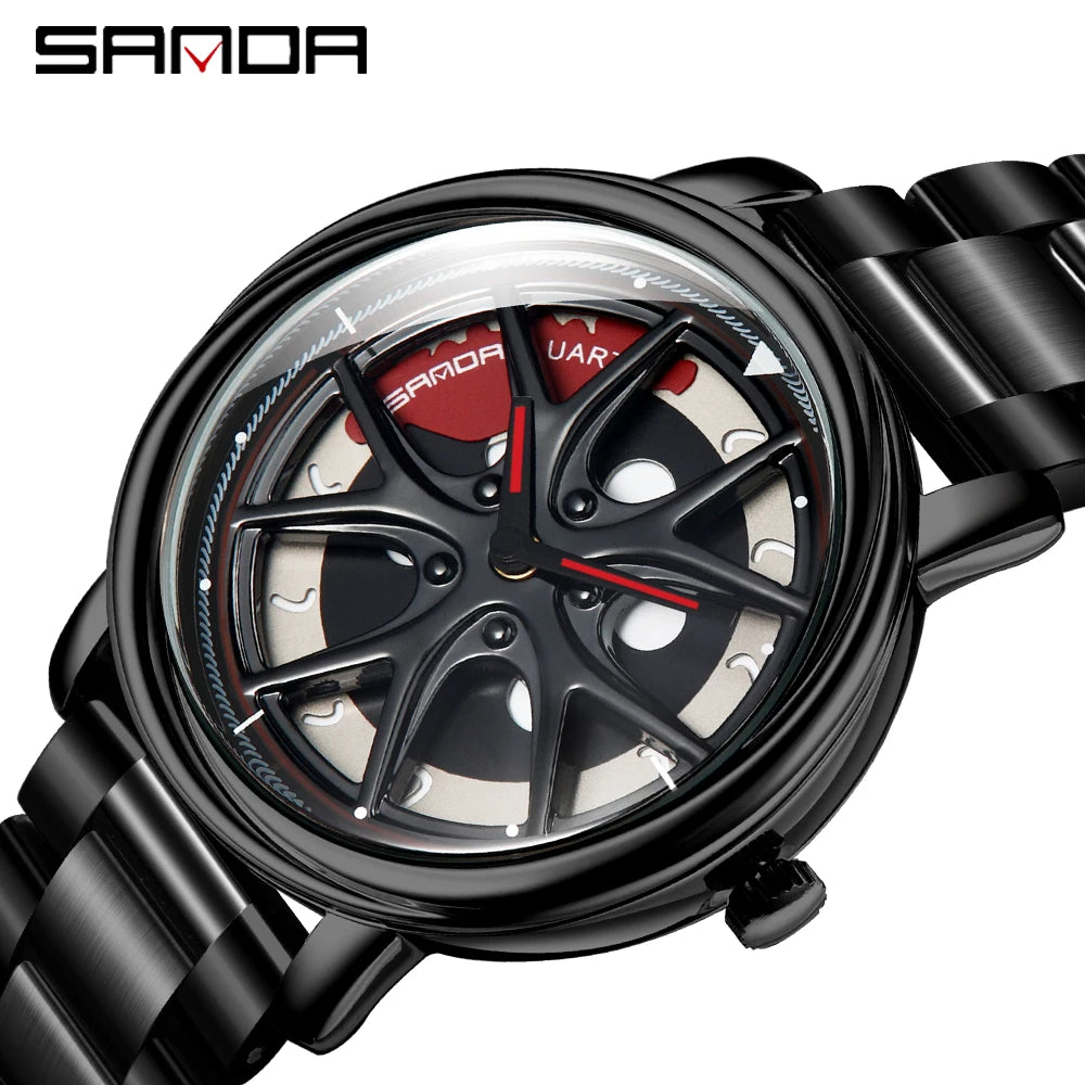 Men Watch Car Wheel Rim Hub Dial Male Wristwatch Skeleton Man Black Waterproof Watches Stainless Steel Quartz Relogio Masculino - Acros