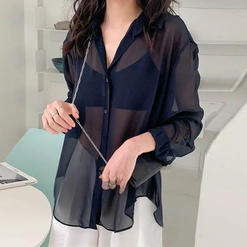 Ansoff women's sheer summer shirt with long sleeves, turn-down collar, sun-proof fabric, and elegant, all-match design.