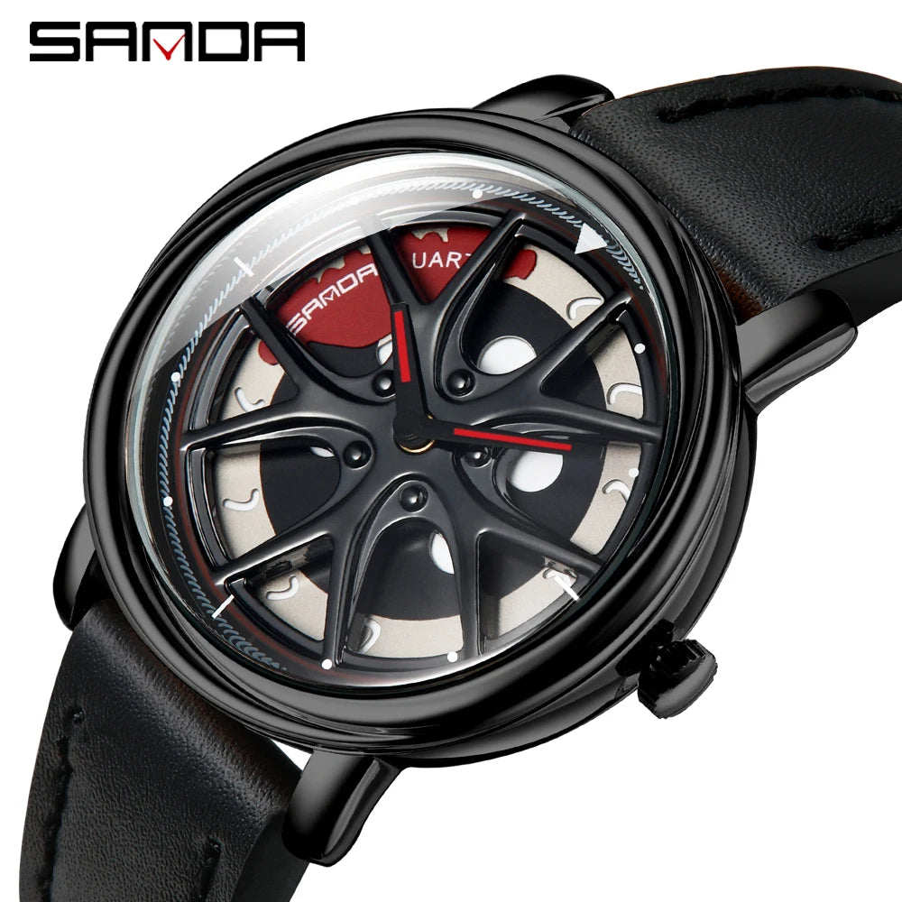 Men Watch Car Wheel Rim Hub Dial Male Wristwatch Skeleton Man Black Waterproof Watches Stainless Steel Quartz Relogio Masculino - Acros