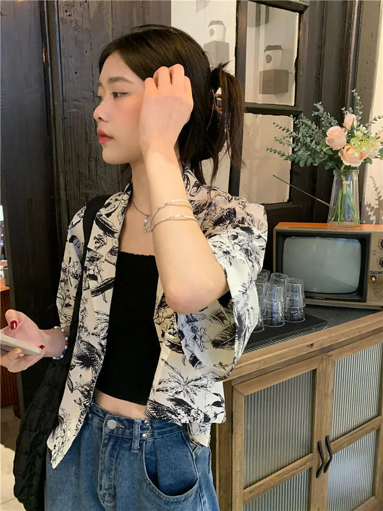 Ansoff women's vintage French style printed shirt, cozy all-match summer top with creative, simple, and classic design.