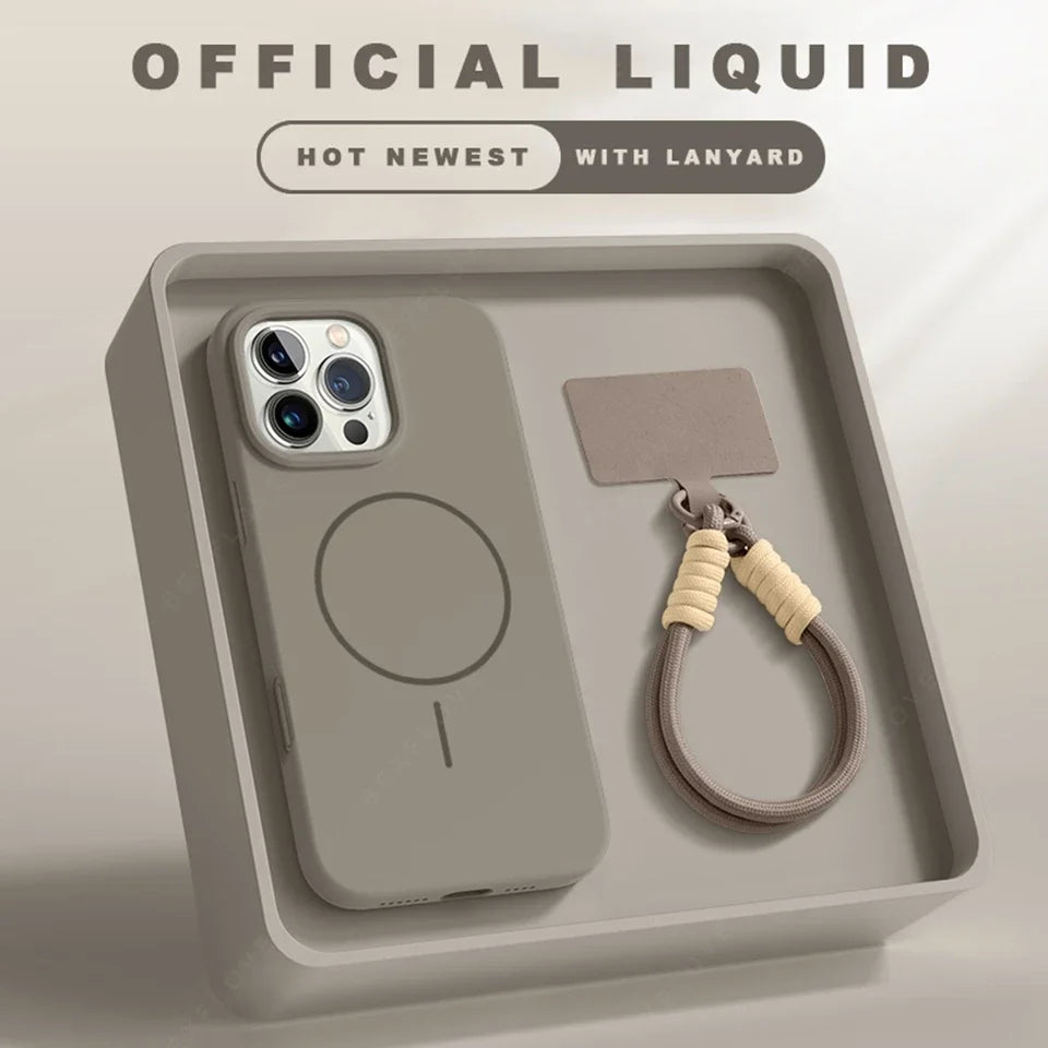 Magnetic Phone Case For iPhone 15 14 16 Plus 11 12 13 16 Pro Max Silicone Official Lanyard Magsafe Strap Protector Soft Cover - Acros