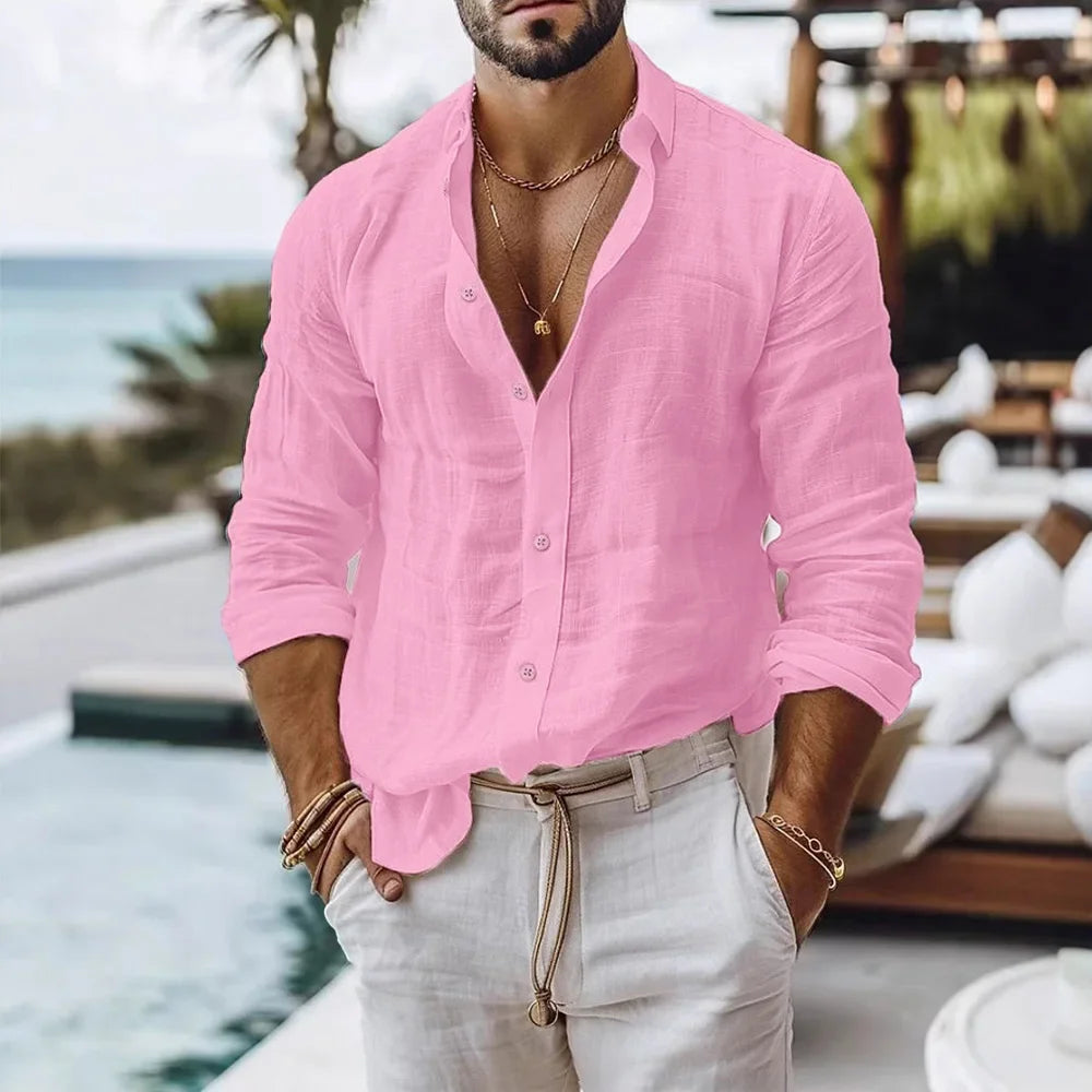 Men's cotton linen summer beach shirt by Ansoff, solid color, lightweight, breathable button-up top perfect for casual beachwear.