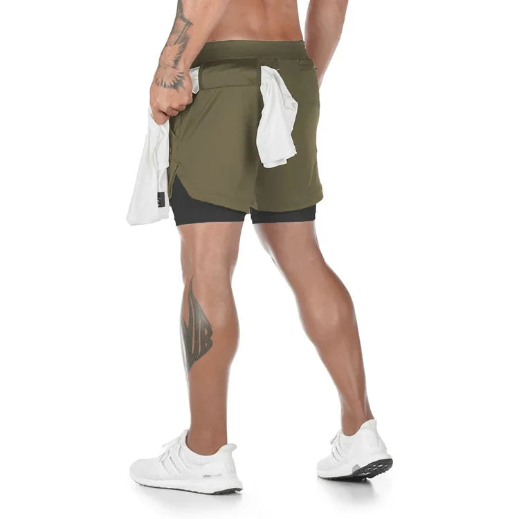 Men's camo running shorts by Ansoff, 2-in-1 gym sports shorts with quick-dry fabric, ideal for workout and jogging.