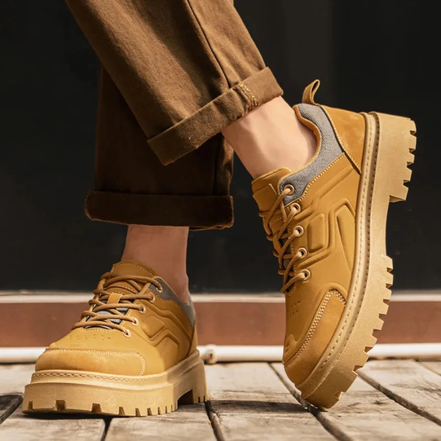 Ansoff men's 2026 autumn fashion work boots with chunky anti-slip thick soles, durable yellow combat boots with height increase.