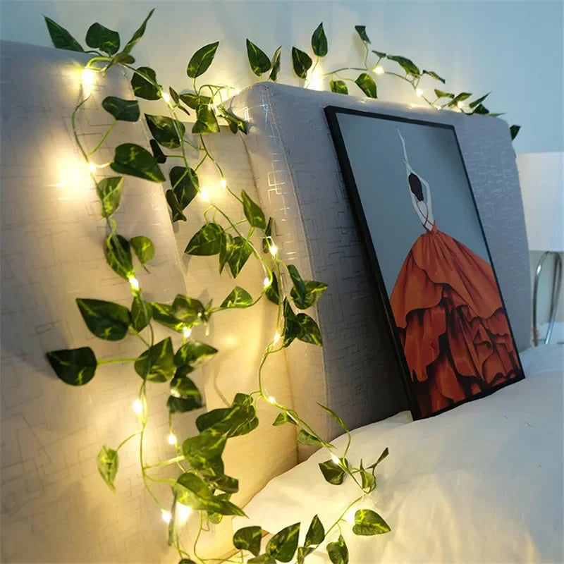 Flower Green Leaf String Lights Artificial Vine Fairy Lights Battery Powered Christmas Tree Garland Light for Weeding Home Decor - Acros