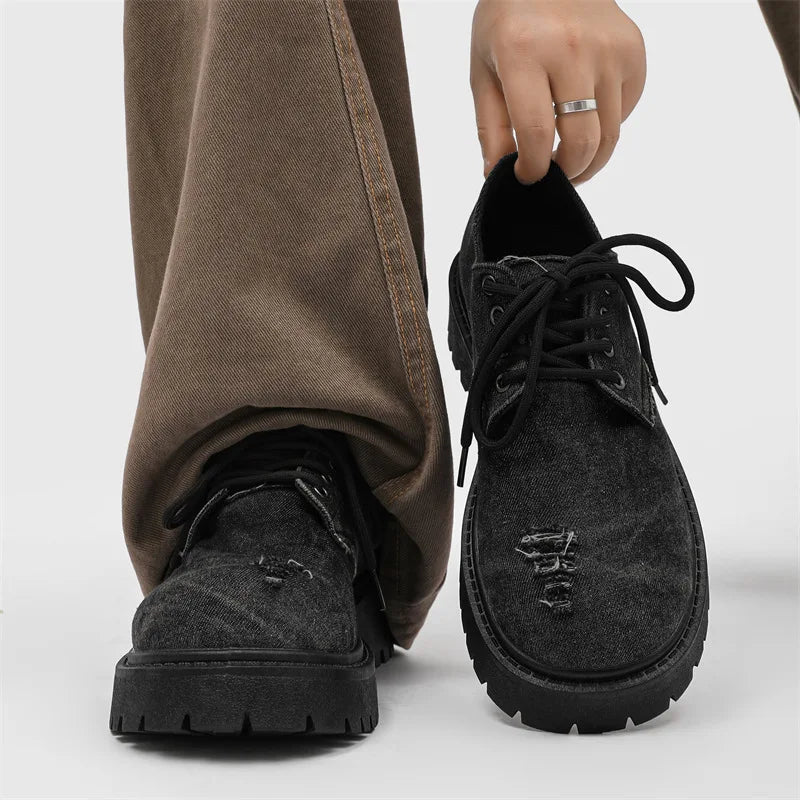 Men's distressed denim derby shoes by Ansoff with chunky platform soles, grunge style, bulky toe, streetwear-inspired footwear.