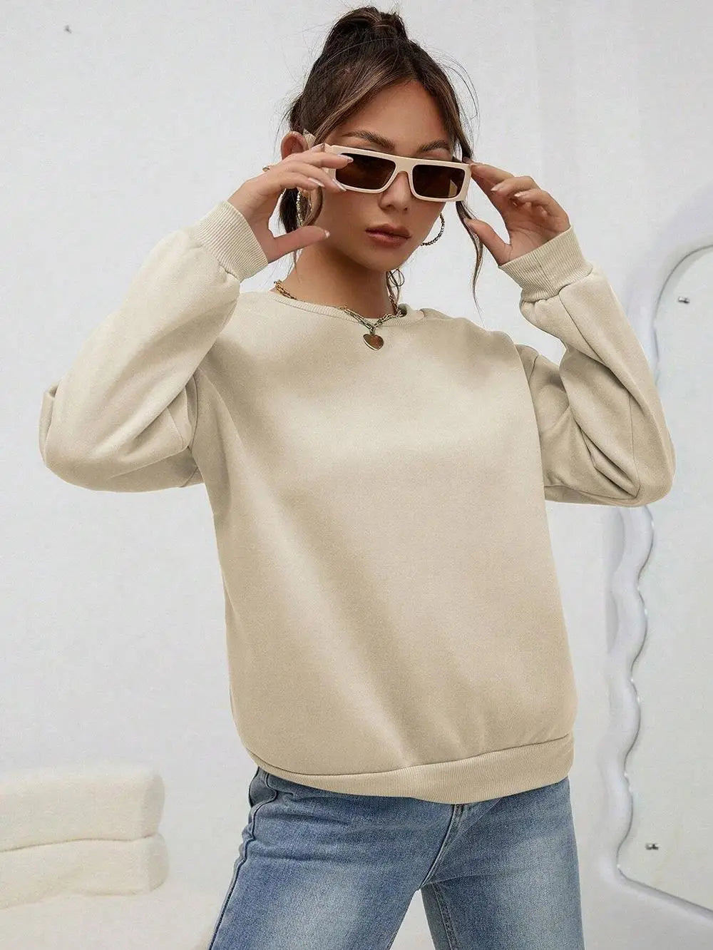 Woman Sweatshirt Casual Solid Color All-Match Clothing Loose Fashionable Pullovers Autumn Crewneck Warm  Female Hoodies - Acros