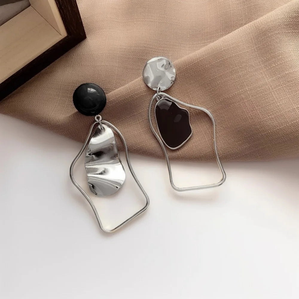 Vintage Geometry Irregular Eardrop Personality Asymmetry Dripping Oil Earrings for Women Fashion Daily Commuting Jewelry Gifts - Acros