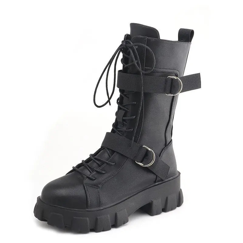 Ansoff women's fashion motorcycle boots with high-top leather design, non-slip platform sole, stylish knight boot appearance.