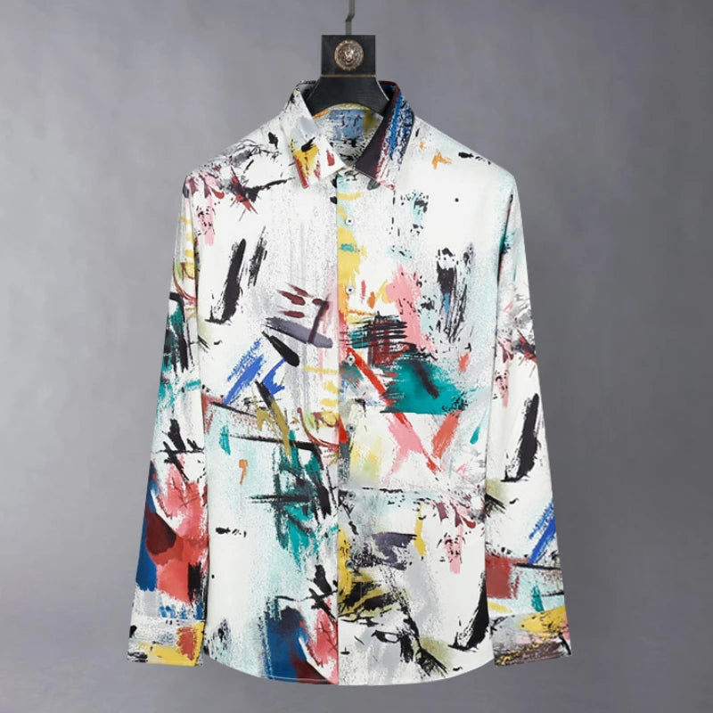 Ansoff men's silk graffiti print long sleeve shirt with slim fit, casual streetwear style, suitable for nightclubs and stage performances