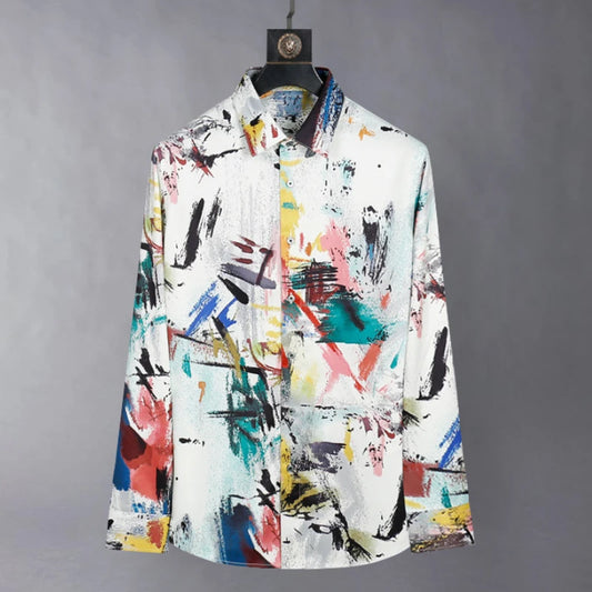 Ansoff men's silk graffiti print long sleeve shirt with slim fit, casual streetwear style, suitable for nightclubs and stage performances