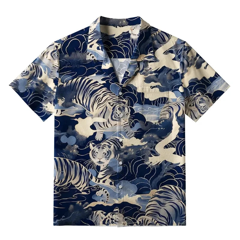Ansoff men's Hawaiian shirt with tiger print, casual loose fit, breathable fabric, buttons, perfect for beach holiday fashion.