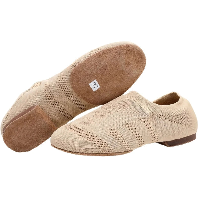 Ansoff women's dance shoes with soft soles, low heels, knitted design, suitable for Latin, ballet, jazz, and ballroom dancing.