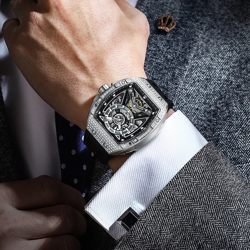 Men Mechanical Winding Watch Montre Homme 2024 New BRUBOSES 5ATM Water Resistant Luminous Tonneau Quartz Wristwatch WIth Diamond - Acros