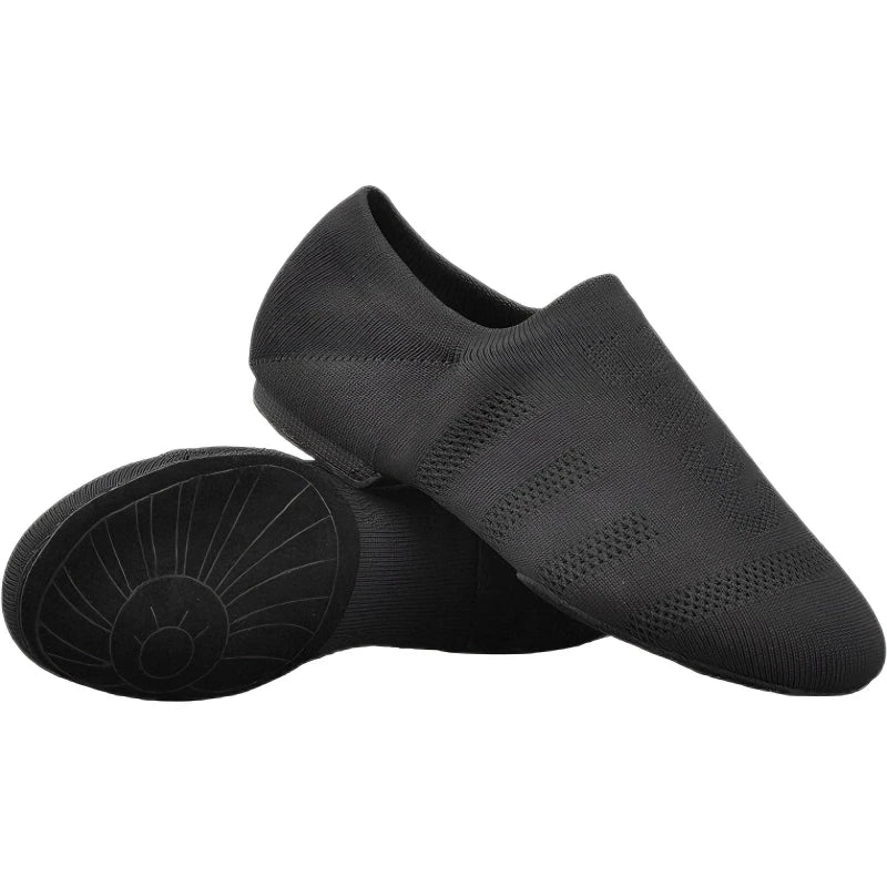 Women’s Ansoff dance shoes with knitted uppers, soft soles, low heels, suitable for ballet, jazz, ballroom, and Latin dance.